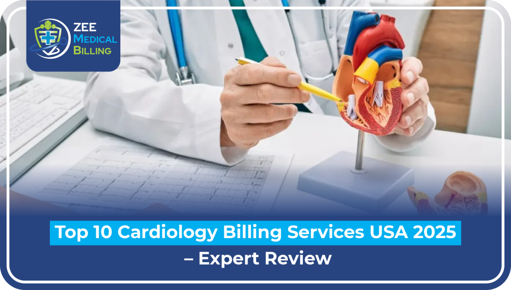 Top 10 Cardiology Billing Services Usa 2025 - Expert Review Top 10 Cardiology Billing Services Usa 2025 Expert Review - Doctor Examining Heart Model With Stethoscope And Medical Charts Featuring Zee Medical Billing Logo