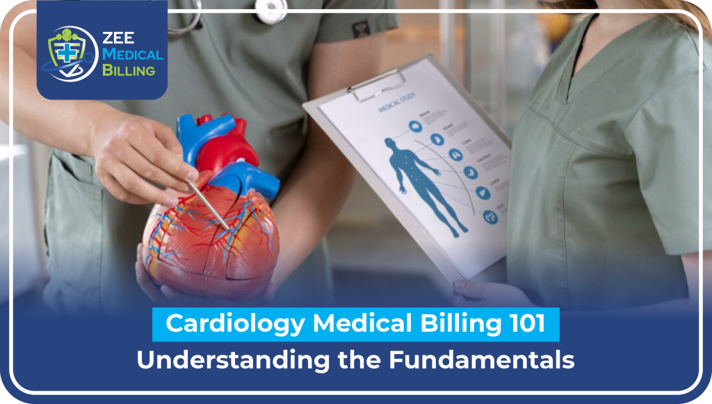 Cardiology Medical Billing 101 | Understanding The Fundamentals Cardiology Medical Billing Services Professional Holding Anatomical Heart Model With Medical Chart - Zee Medical Billing Cardiology Billing Solutions
