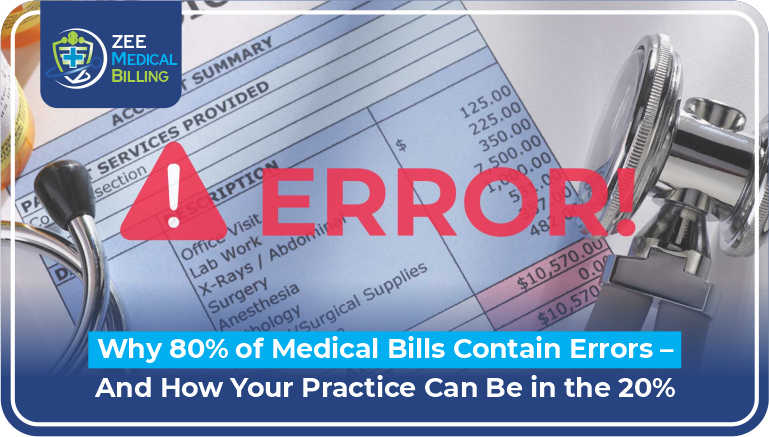 Medical billing error alert on healthcare invoice from ZEE Medical Billing showing why 80% of medical bills contain errors and how practices can achieve billing accuracy